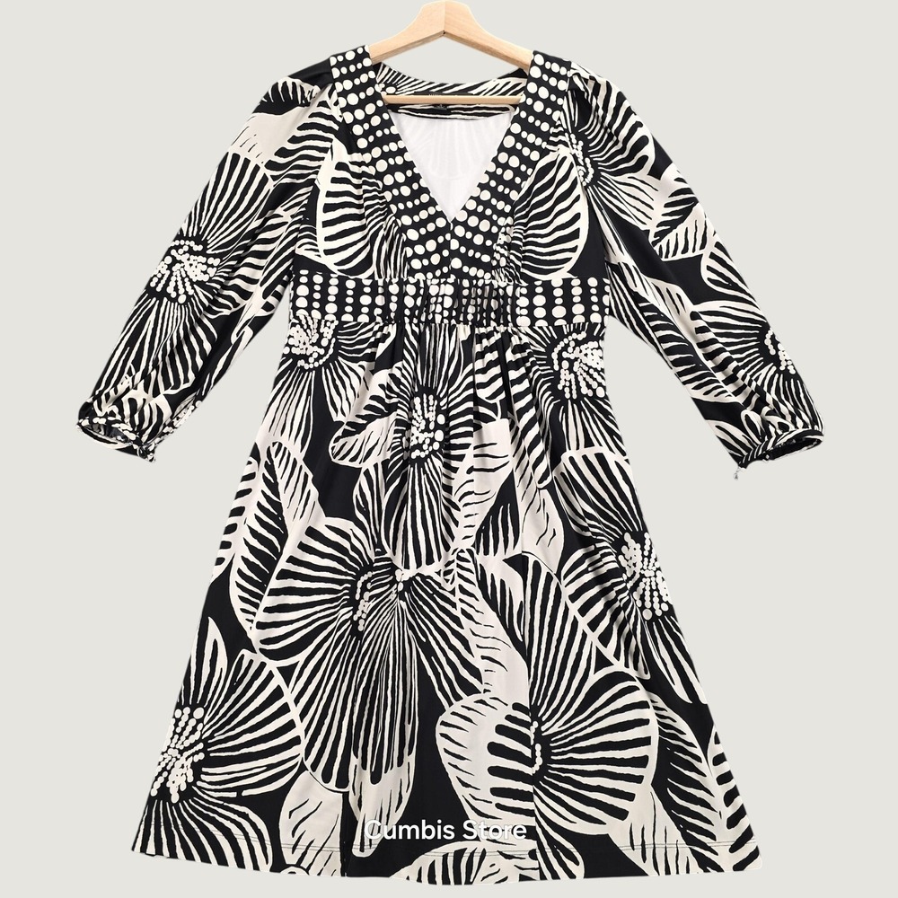 67- Nine West Dress Wmns 4 Black White Floral Polka Dot V Neck 3/4 Sleeve A-Line